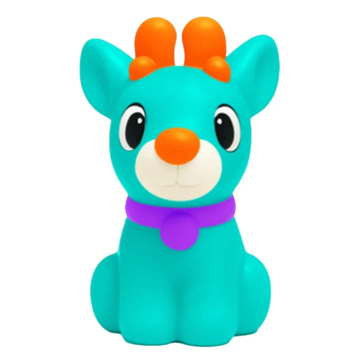 turquoise needoh rendier squisher, paars halsband en oranje neus. sensoriek fidget