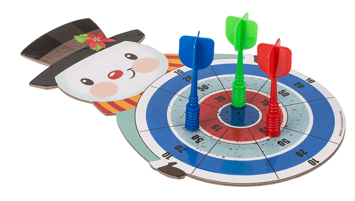 Kerst magneet dartbord met sneeuwpop en magneetpijltjes, liggend gebruikt, grove motoriek en rekenvaardigheden