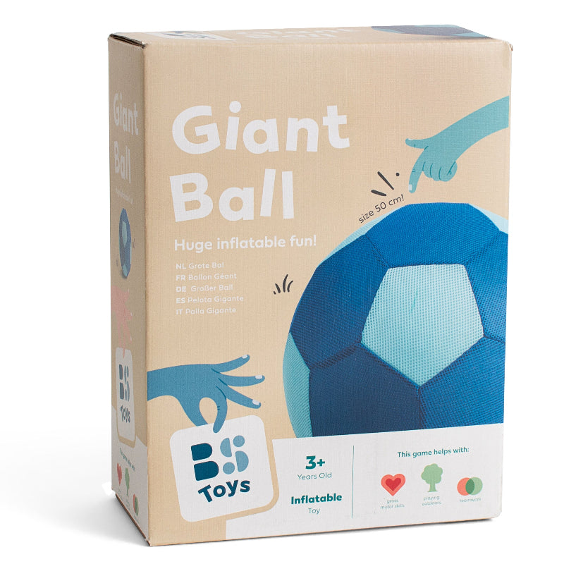 Giant ball van bs toys in verpakking, grote blauwe bal, 50cm doorsnee, grove motoriek speelmateriaal