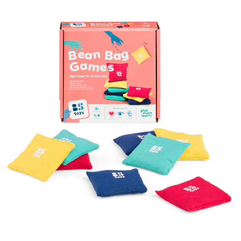 Set van 8 kleurrijke pittenzakjes van BS Toys, doos en losse pittenzakjes