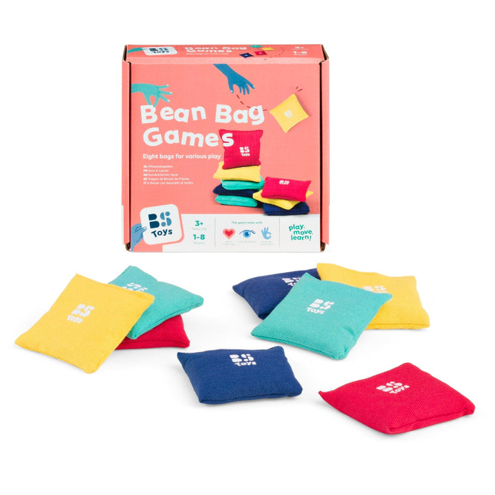 Set van 8 kleurrijke pittenzakjes van BS Toys, doos en losse pittenzakjes
