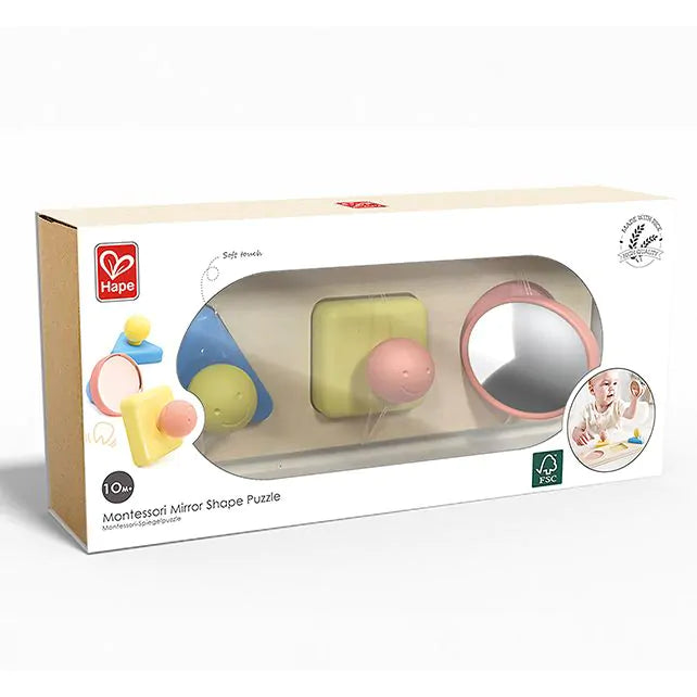 Eerste peuterpuzzel met rondje, driehoek en vierkant met knop en spiegel, montessorie mirrow shape puzzel hape