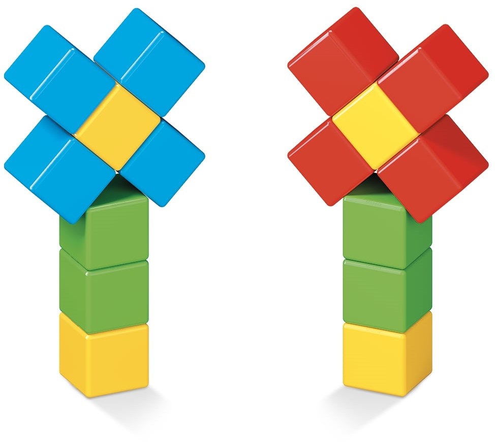 twee bloemen van magnetische blokken, rood, geel, blauw en groen, made in zwitserland, motoriekspeelgoed
