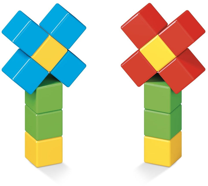 twee bloemen van magnetische blokken, rood, geel, blauw en groen, made in zwitserland, motoriekspeelgoed