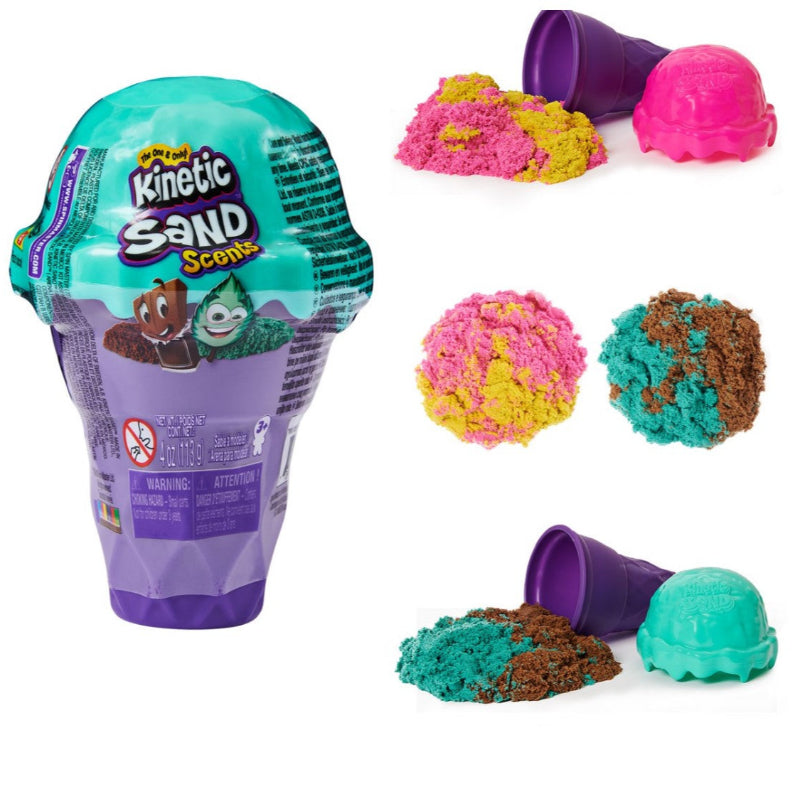 ijshoren van kinetic sand, geurspeelzand, sensoriek materiaal, beide kleuropties met elk twee geuren en kleuren
