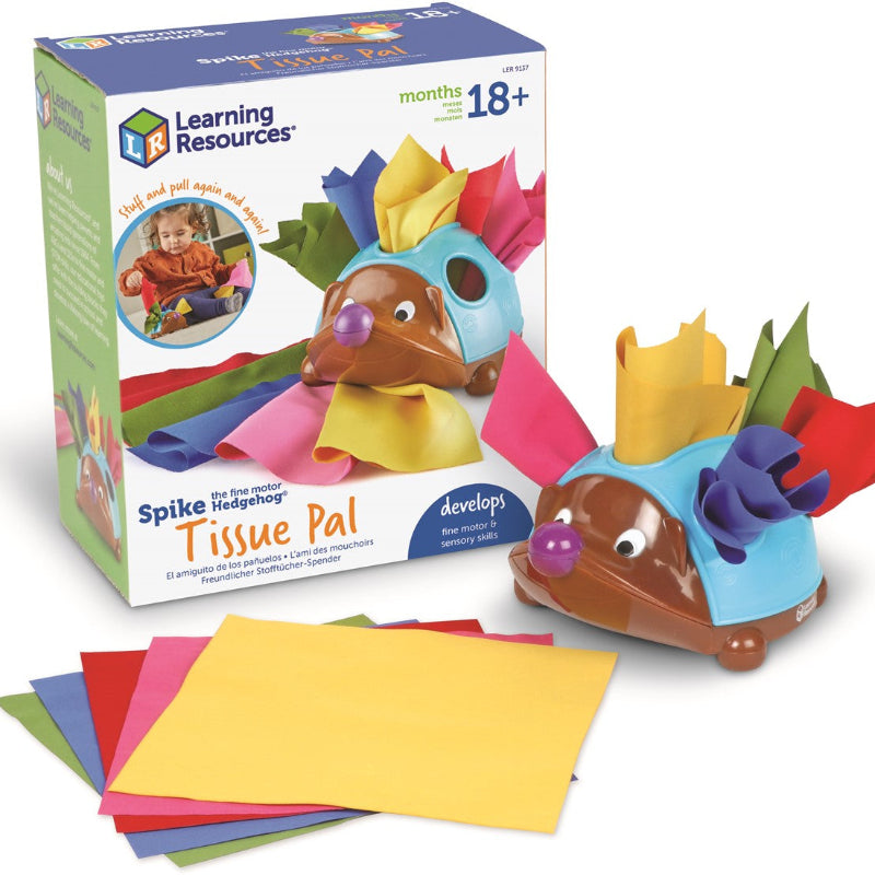 verpakking en inhoud van  het motoriespel tissue pal spike de egel van learning resources