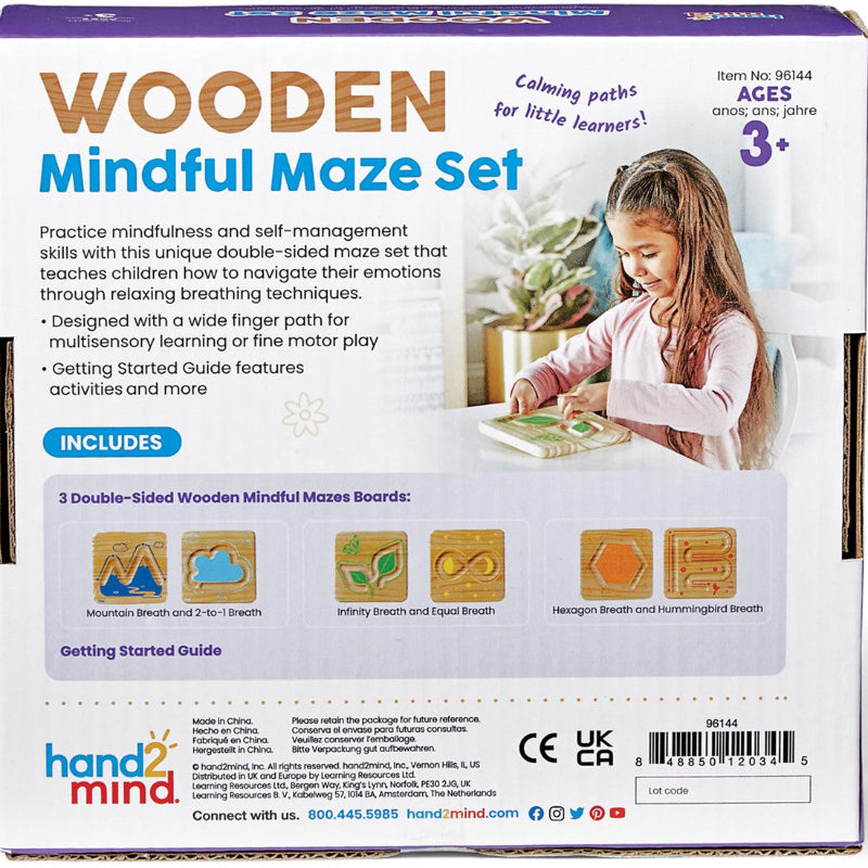 Achterkant van de verpakking van de Wooden Mindful Maze Set met afbeelding van alle zes verschillende ademhalingspatronen