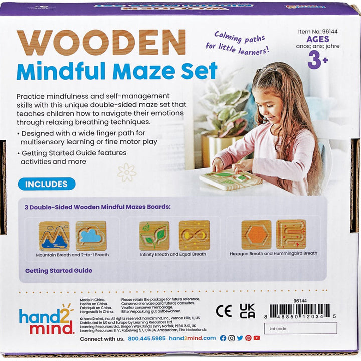 Achterkant van de verpakking van de Wooden Mindful Maze Set met afbeelding van alle zes verschillende ademhalingspatronen