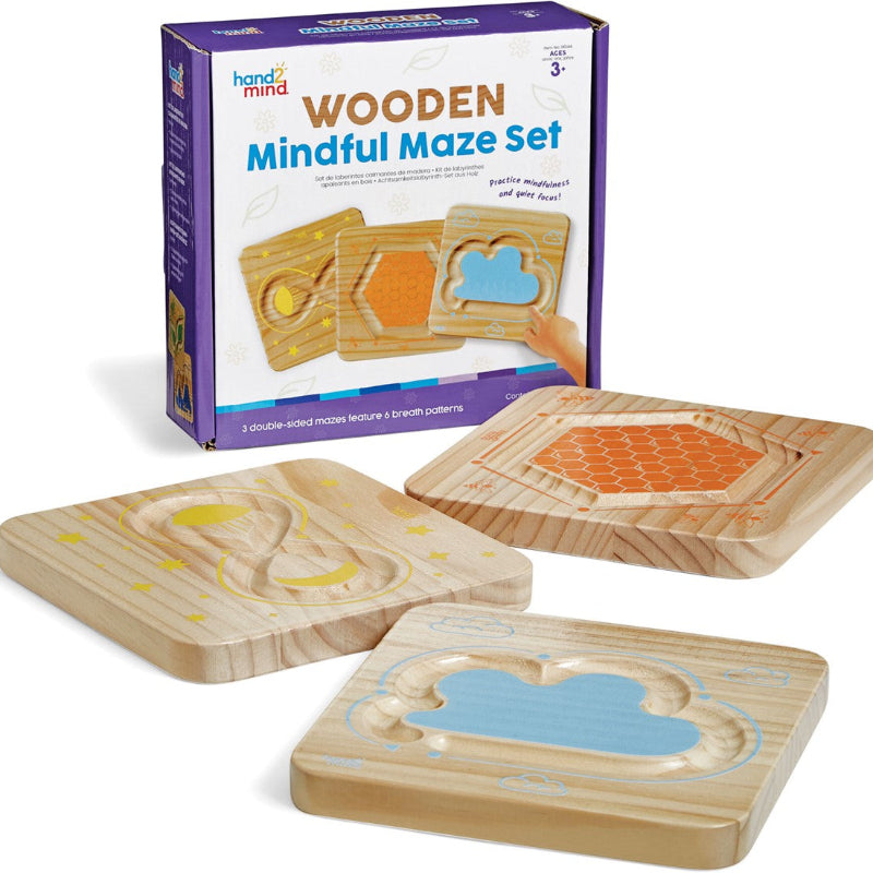 Verpakking van de Wooden Mindful Maze Set met drie houten mindfulnessplaten voor ademhalingsoefeningen en fijne motoriek