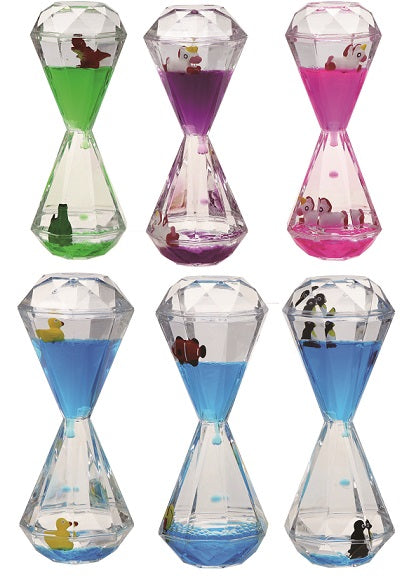 zes verschillende liquid timer met dier, in de kleuren blauw, groen, roze en paars, sensoriek speelgoed, timer