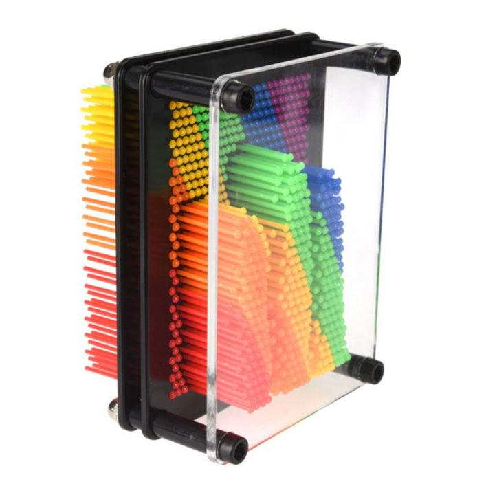 pin pression, pin art met kinderhand, regenbogen kleuren, sensoriek materiaal