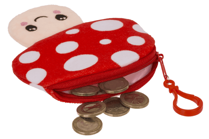 Schattige mushroom portemonnee met lieve oogjes en rits, open met muntjes, rekenles