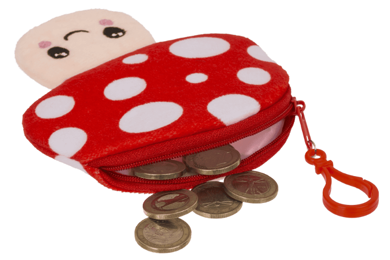 Schattige mushroom portemonnee met lieve oogjes en rits, open met muntjes, rekenles