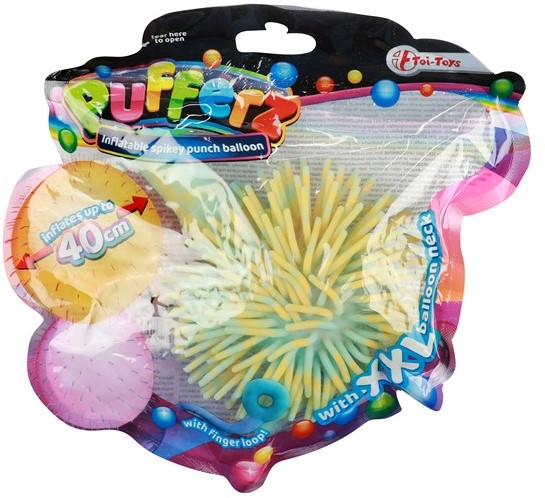 verpakking van de geel blauwe boksballon met groot mondstuk om zelf op te blazen, logopedie materiaal