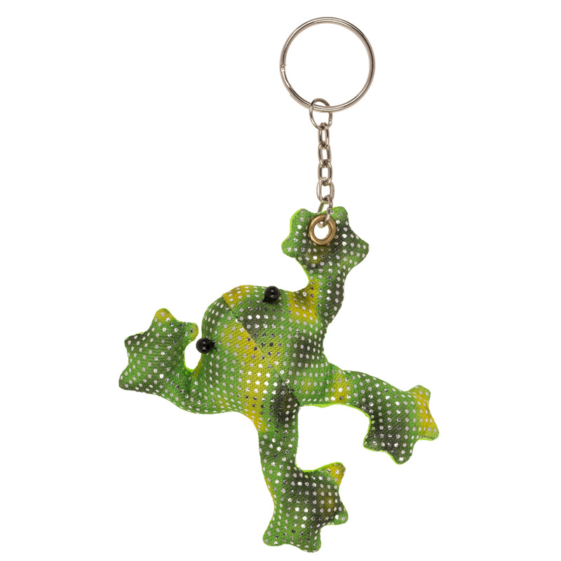 Sleutelhanger met kleine zanddier kikker fidget in stoere uitvoering, compact sensorisch materiaal om te knijpen en te friemelen, bevestigd aan sleutelring.