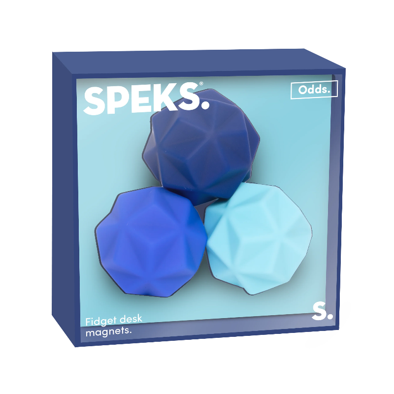 SPEKS Odds blauwe fidget ballen met driehoekige noppen in verpakking, set van drie zichtbaar in doos