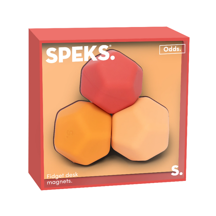 SPEKS Odds oranje fidget ballen met afgeronde rechte structuren in verpakking, set van drie zichtbaar in doos