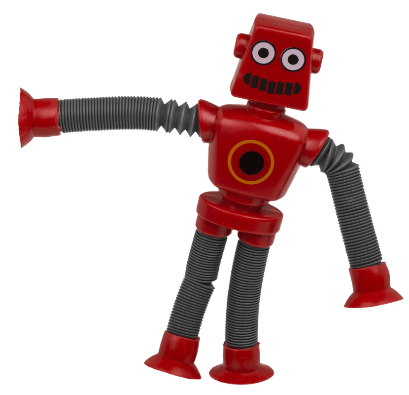 rode sensorische robot in grappige gebogen houding