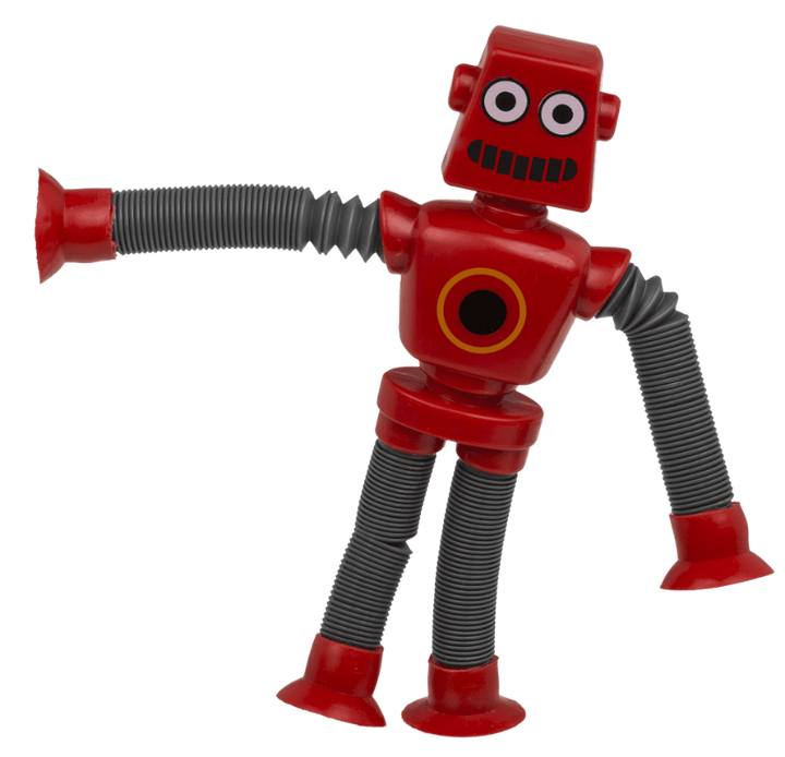 rode sensorische robot in grappige gebogen houding