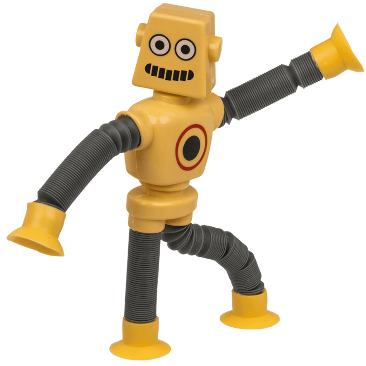 gele pop tube robot hangend met zuignappen aan een raam
