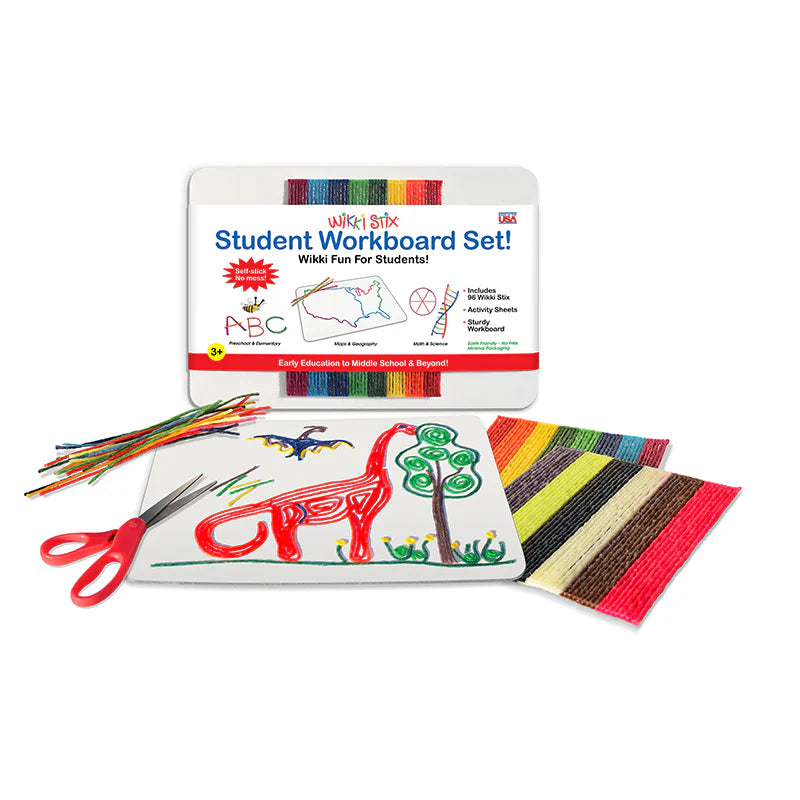 Wikki Stix werkbord met 96 gekleurde Wikki Stix in 14 kleuren, verpakking en inhoud 
