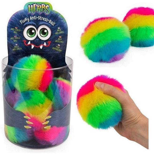 Pluche antistressbal voor gooien, vangen en hand-oogcoördinatie, herbs fluffy anti-stress-ball van trendhaus,verpakking en bal in hand