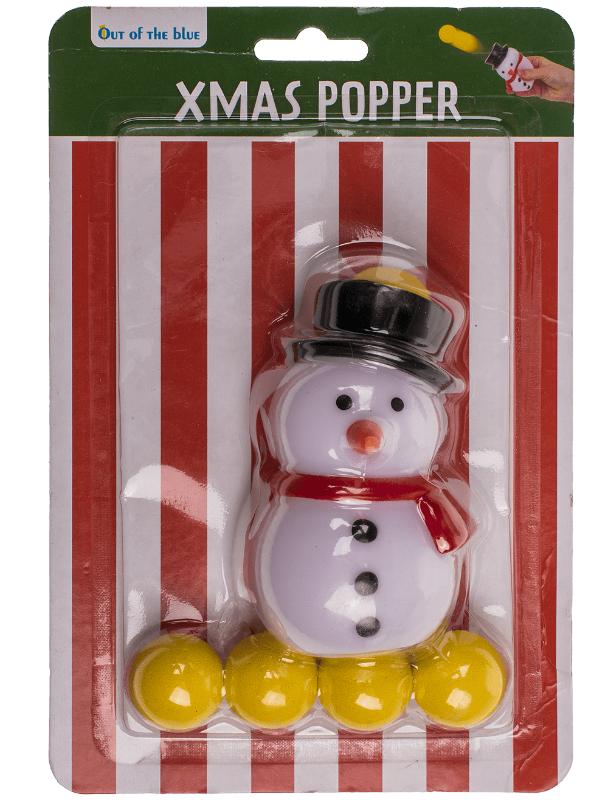 xmas popper, christmas, kerst plopper, motoriekspeelgoed, sneeuwpop in verpakking met 5 gele ballen, 